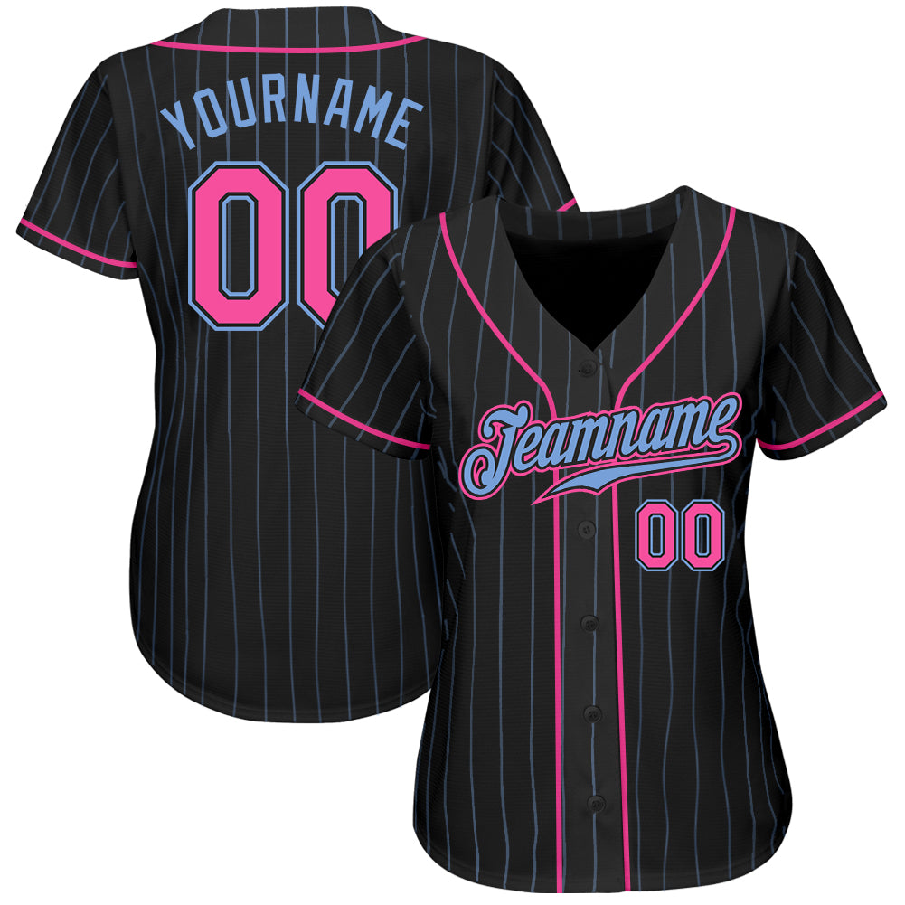 Custom Black Light Blue Pinstripe Pink-Light Blue Authentic Baseball Jersey view 2