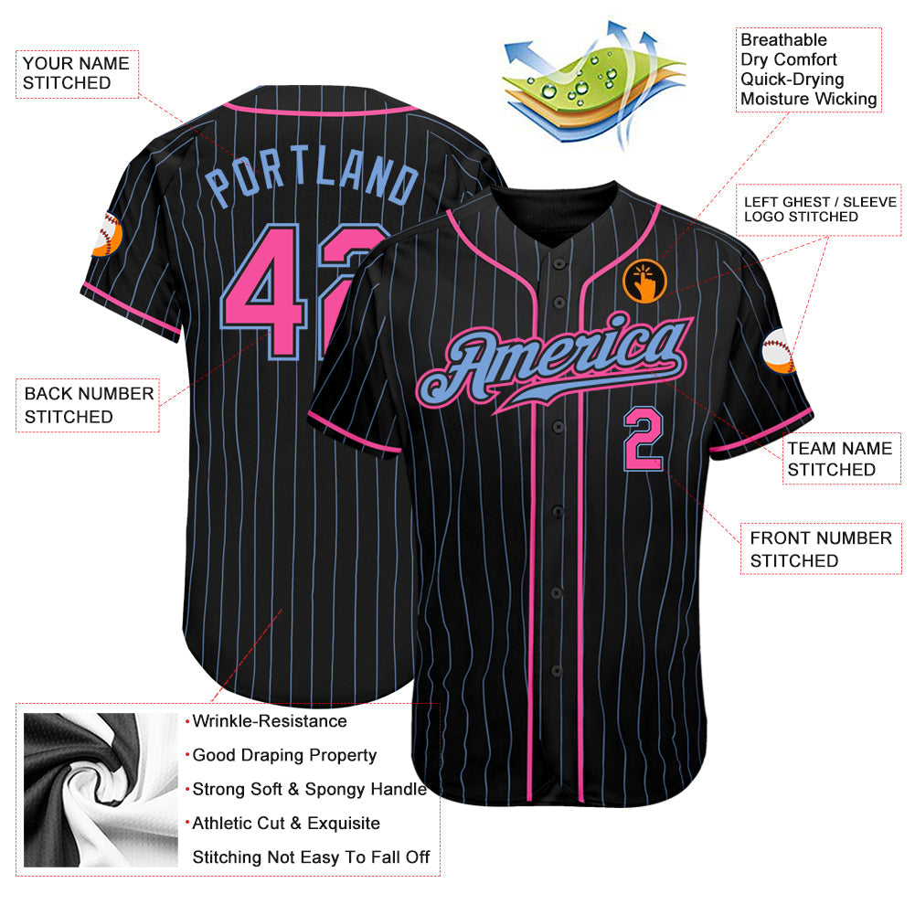 Custom Black Light Blue Pinstripe Pink-Light Blue Authentic Baseball Jersey view 3