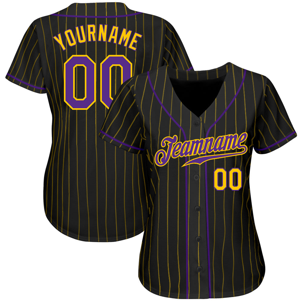 Custom Black Gold Pinstripe Purple-Gold Authentic Baseball Jersey view 2