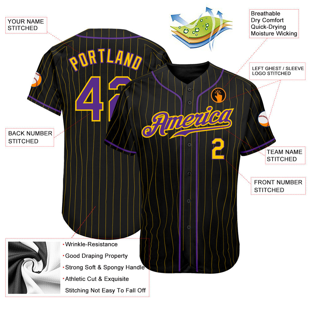Custom Black Gold Pinstripe Purple-Gold Authentic Baseball Jersey view 3