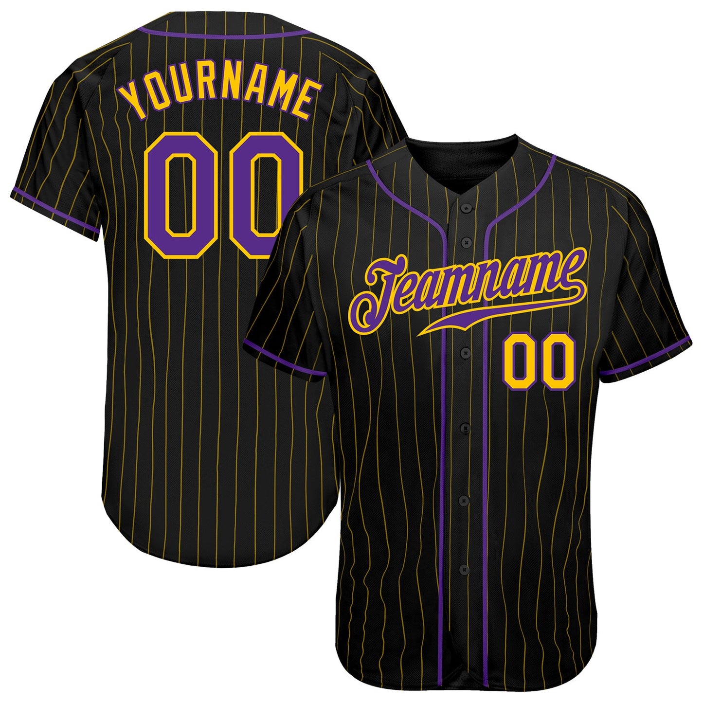 Custom Black Gold Pinstripe Purple-Gold Authentic Baseball Jersey - Main View