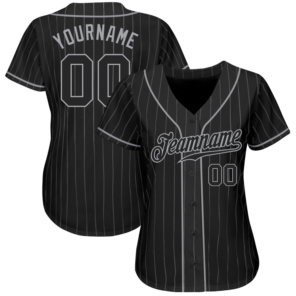 Custom Black Gray Pinstripe Black-Gray Authentic Baseball Jersey view 2