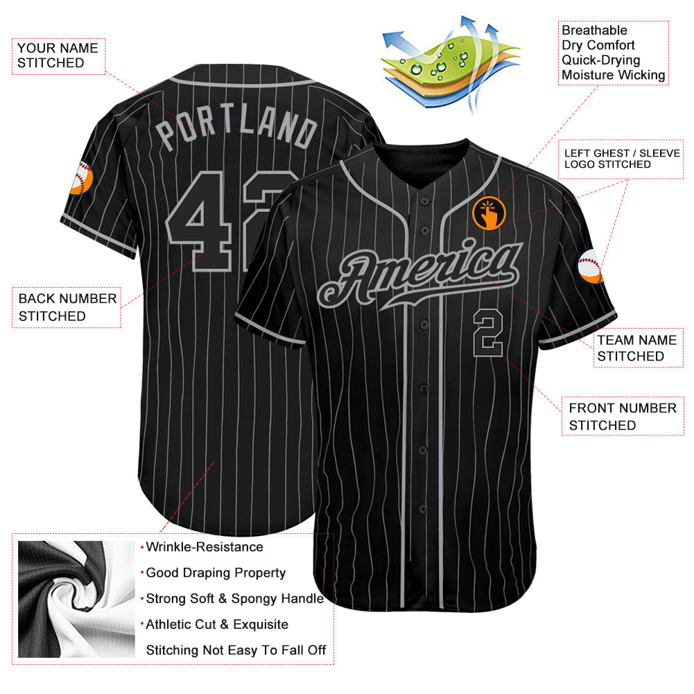 Custom Black Gray Pinstripe Black-Gray Authentic Baseball Jersey view 3