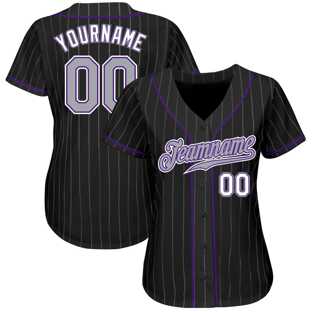Custom Black Gray Pinstripe Gray-Purple Authentic Baseball Jersey view 2