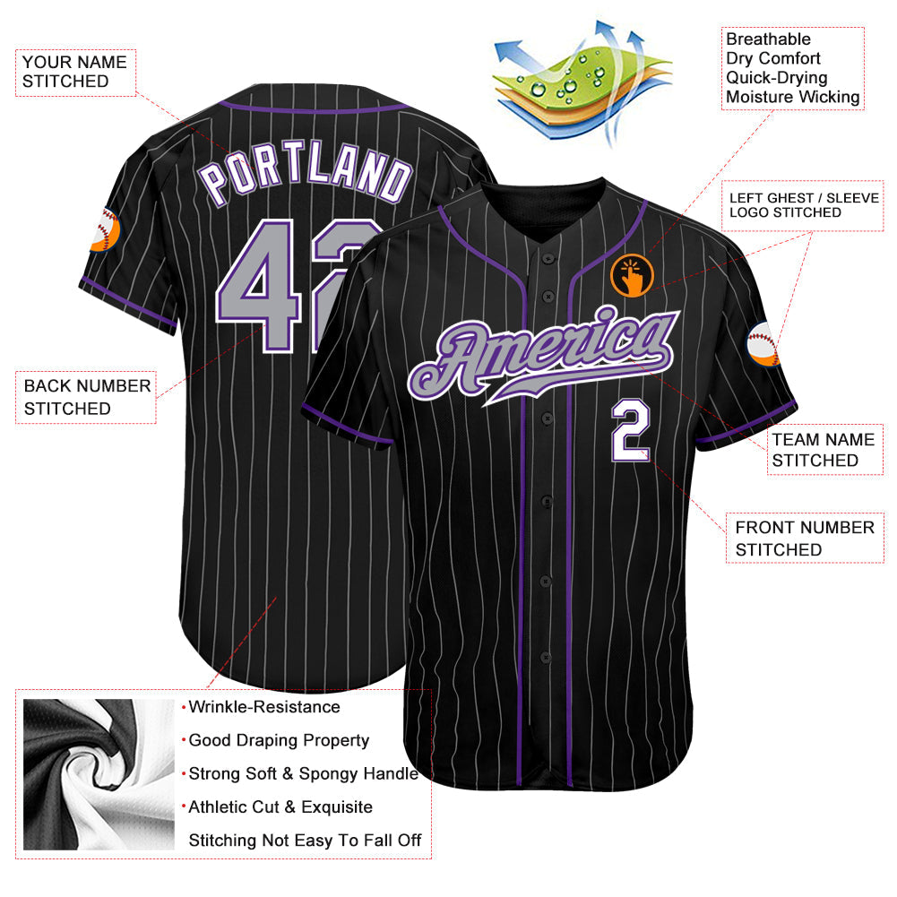 Custom Black Gray Pinstripe Gray-Purple Authentic Baseball Jersey view 3