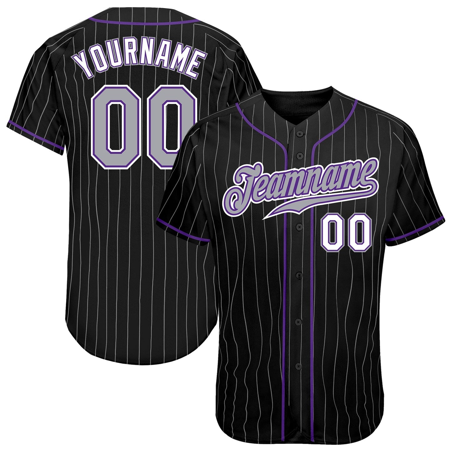 Custom Black Gray Pinstripe Gray-Purple Authentic Baseball Jersey - Main View