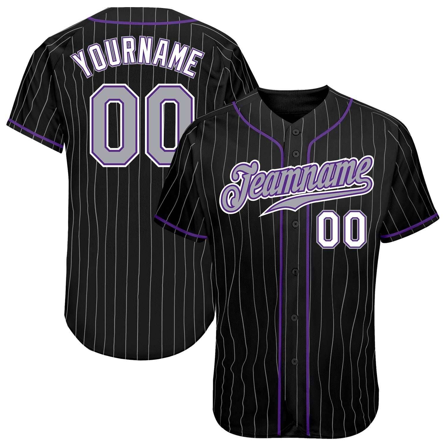 Custom Black Gray Pinstripe Gray-Purple Authentic Baseball Jersey - Main View