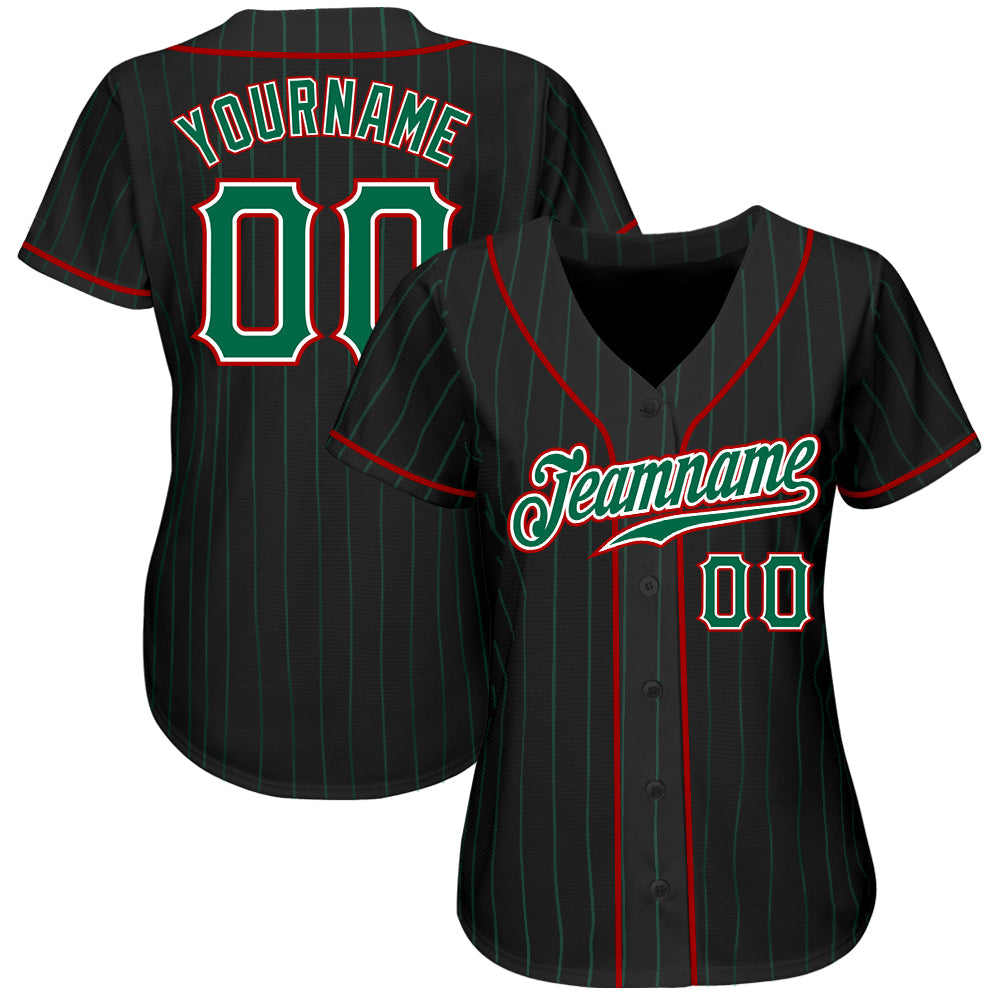 Custom Black Kelly Green Pinstripe Kelly Green-Red Authentic Baseball Jersey view 2