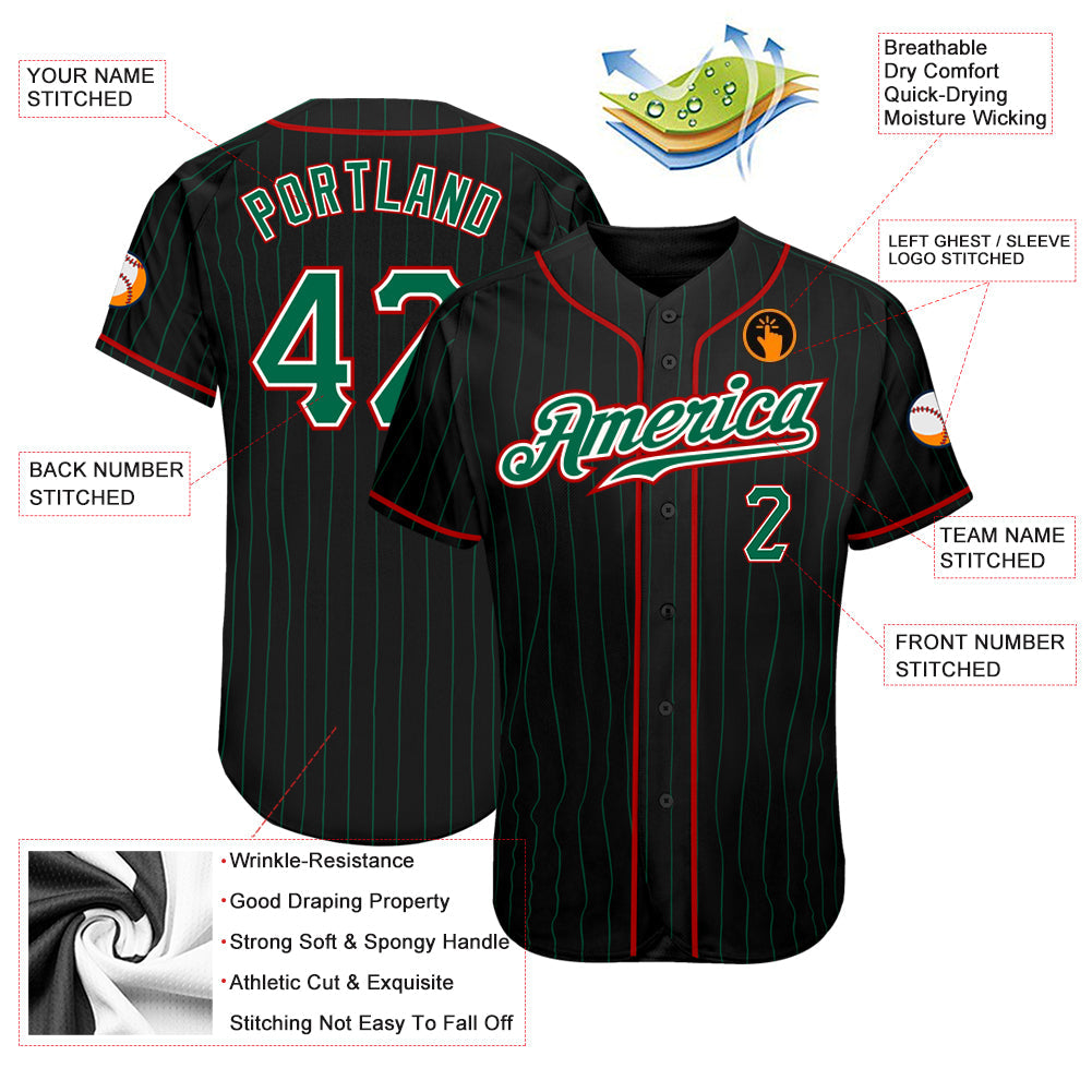 Custom Black Kelly Green Pinstripe Kelly Green-Red Authentic Baseball Jersey view 3