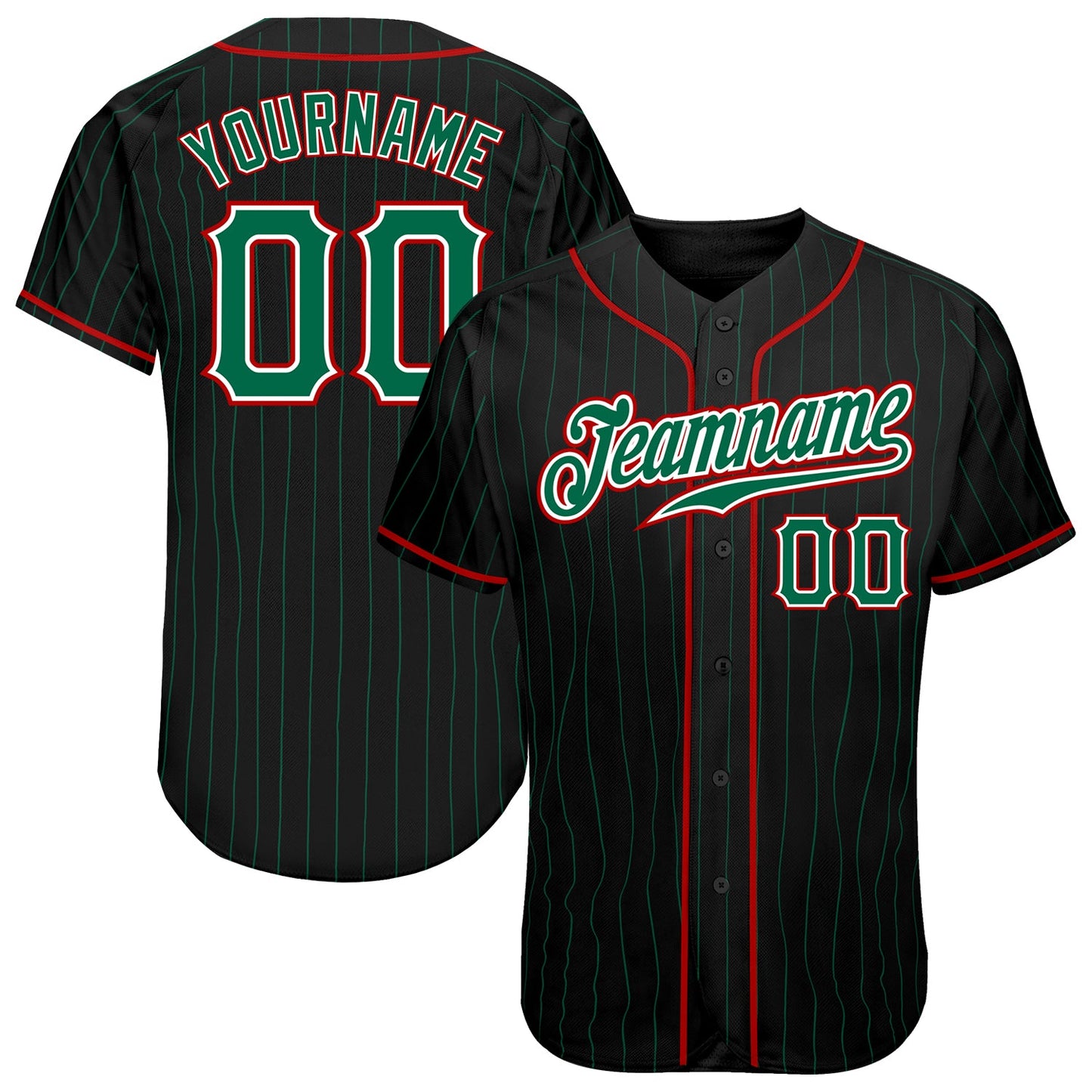 Custom Black Kelly Green Pinstripe Kelly Green-Red Authentic Baseball Jersey - Main View