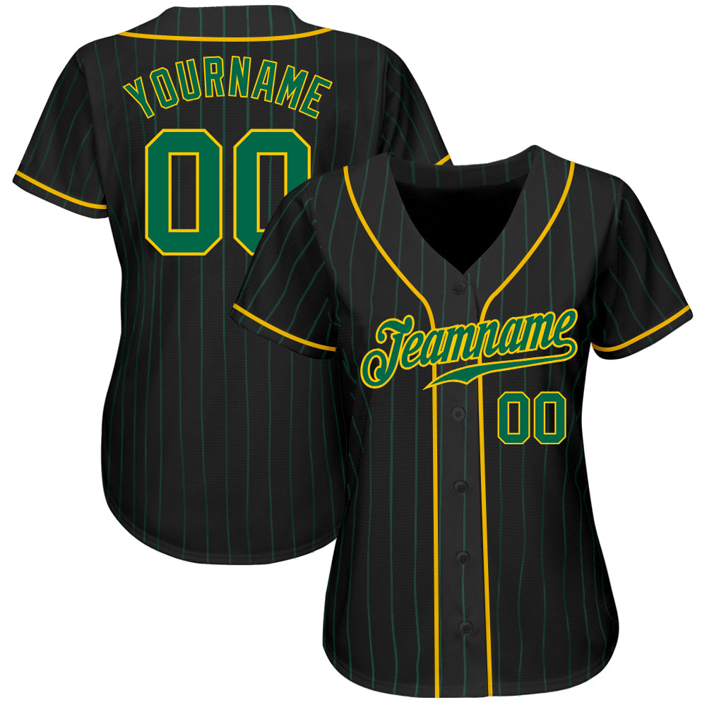 Custom Black Kelly Green Pinstripe Kelly Green-Gold Authentic Baseball Jersey view 2