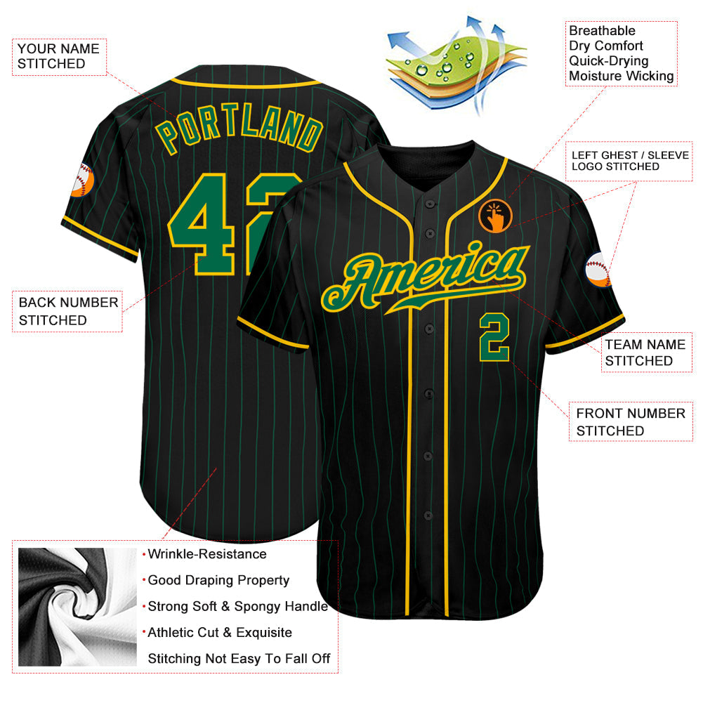 Custom Black Kelly Green Pinstripe Kelly Green-Gold Authentic Baseball Jersey view 3