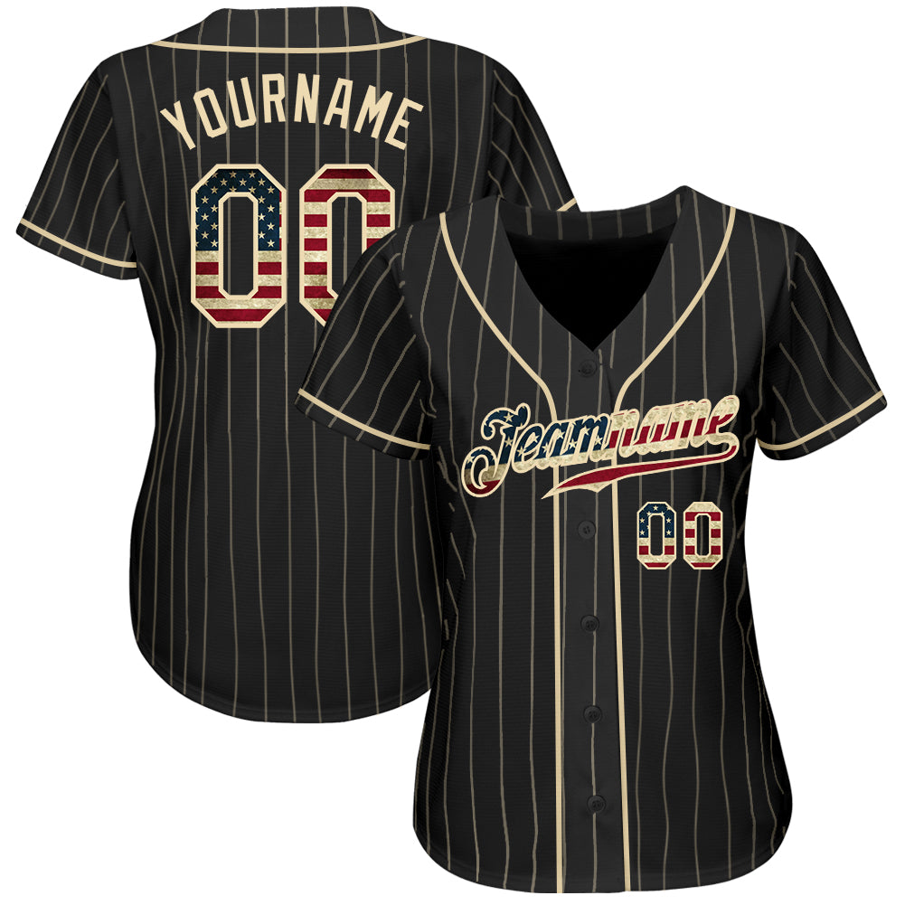 Custom Black Cream Pinstripe Vintage USA Flag-Cream Authentic Baseball Jersey view 2