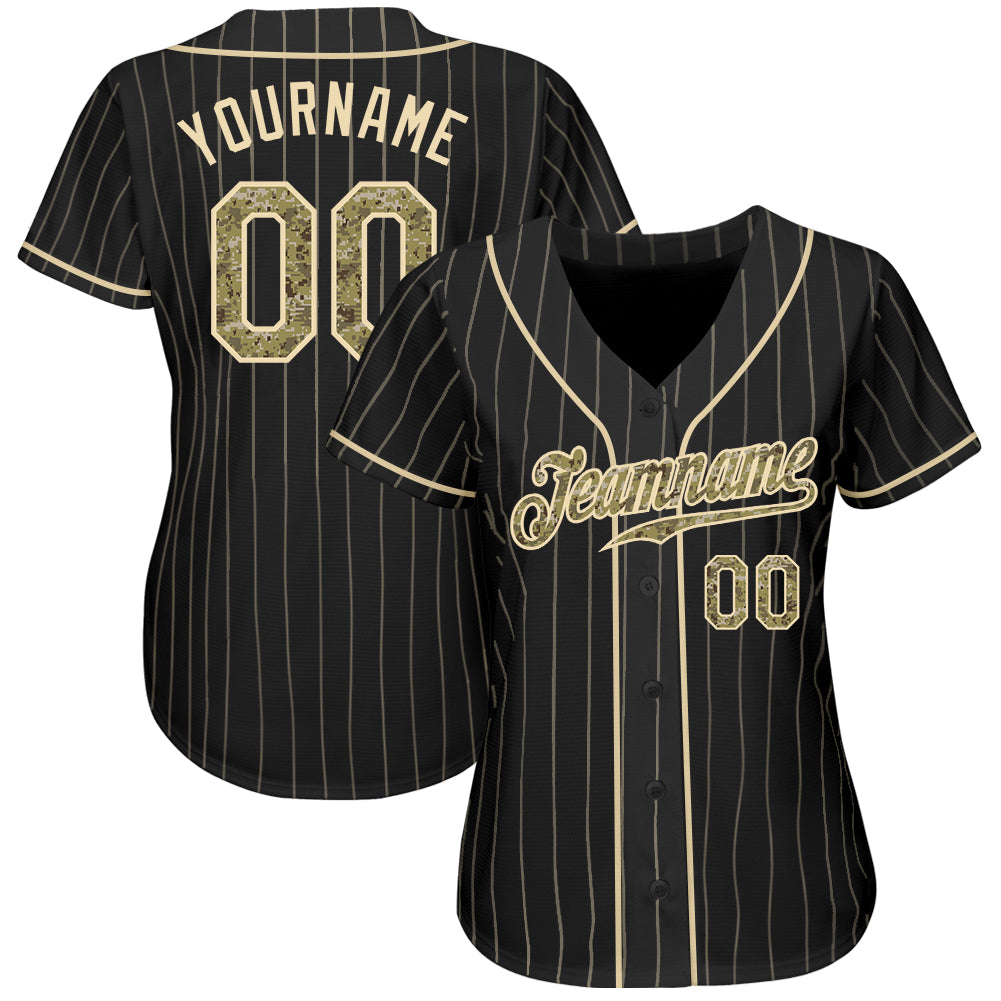 Custom Black Cream Pinstripe Camo-Cream Authentic Baseball Jersey view 2