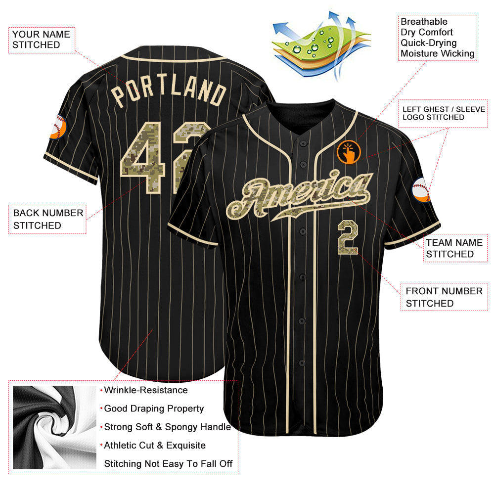 Custom Black Cream Pinstripe Camo-Cream Authentic Baseball Jersey view 3