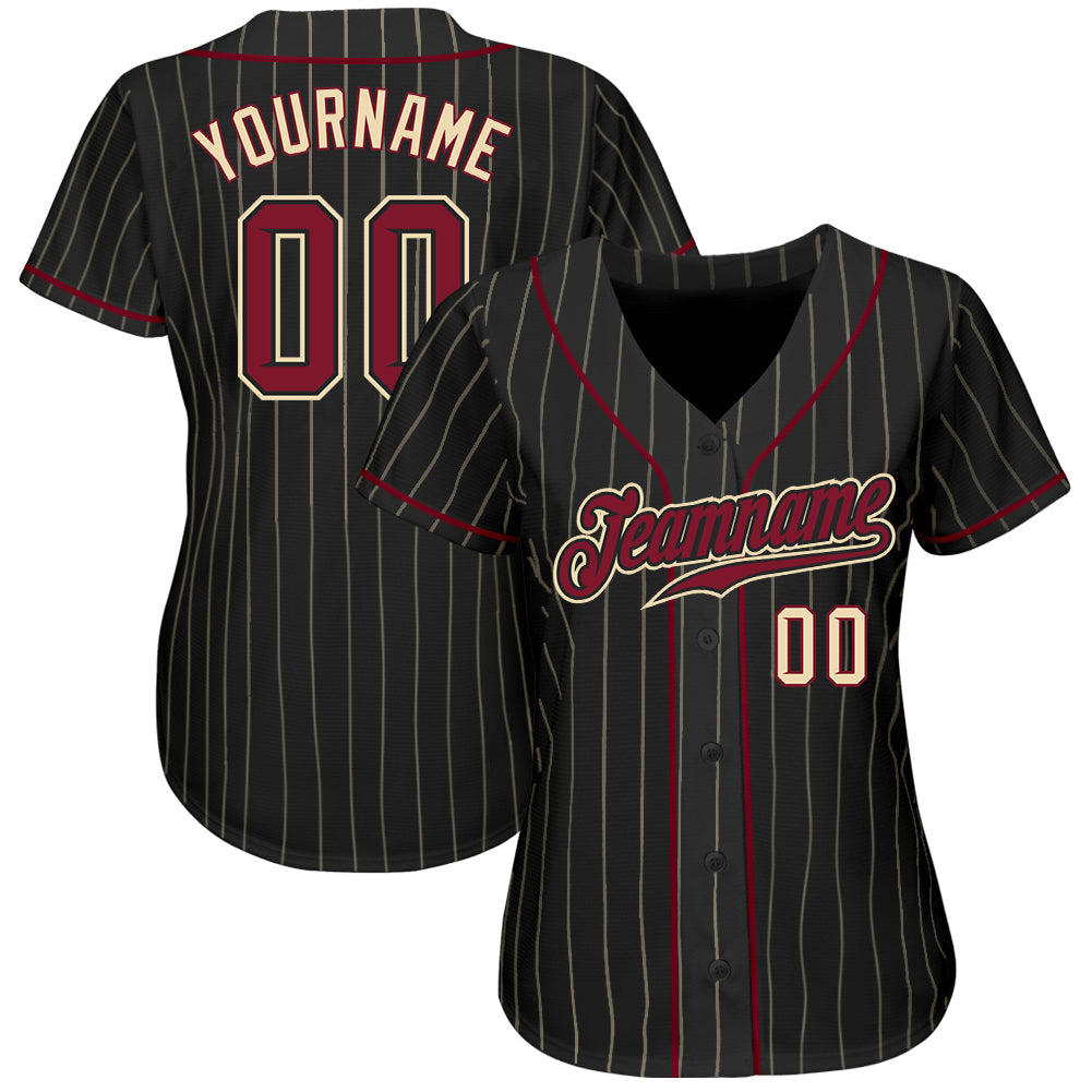 Custom Black Cream Pinstripe Crimson-Cream Authentic Baseball Jersey view 2