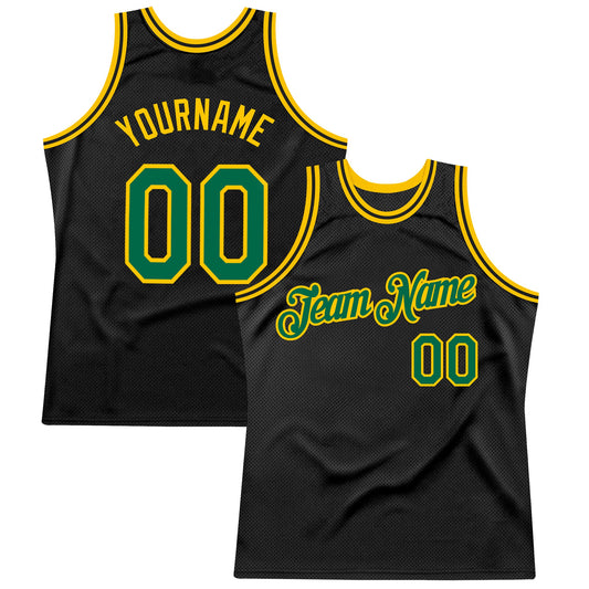 Custom Black Kelly Green-Gold Authentic Throwback Basketball Jersey - Main View