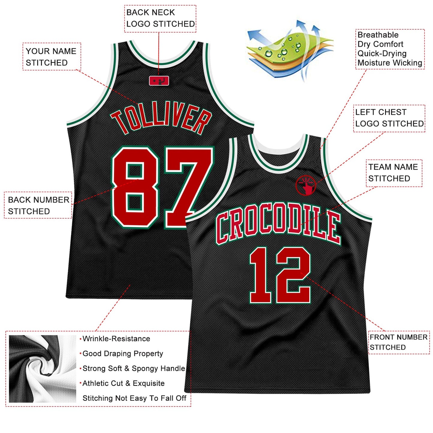 Custom Black Red-Kelly Green Authentic Throwback Basketball Jersey view 2