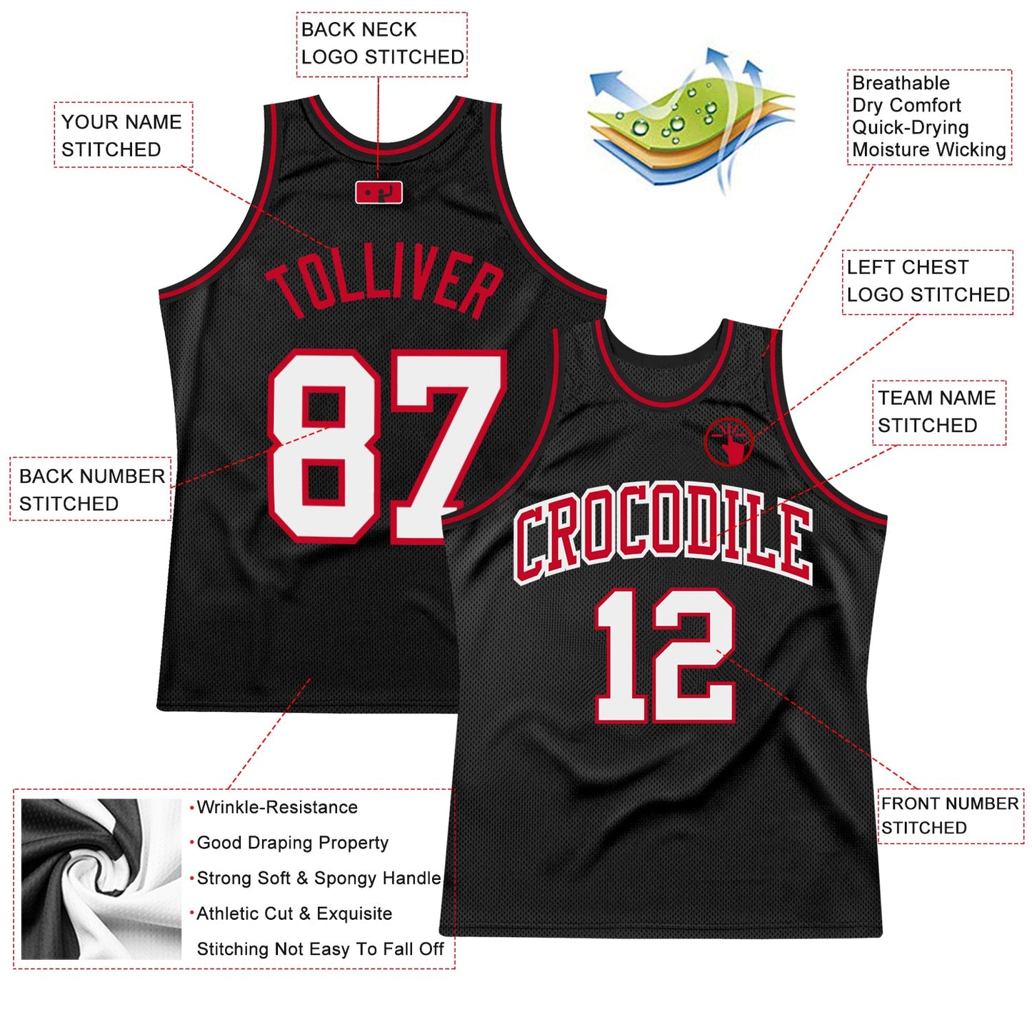 Custom Black White-Red Authentic Throwback Basketball Jersey view 2