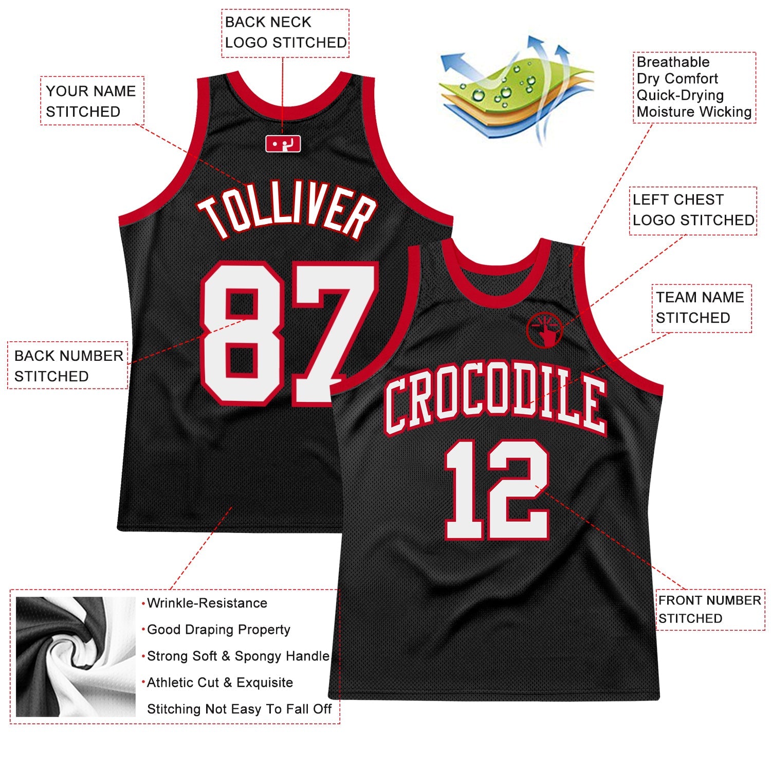 Custom Black White-Red Authentic Throwback Basketball Jersey view 2