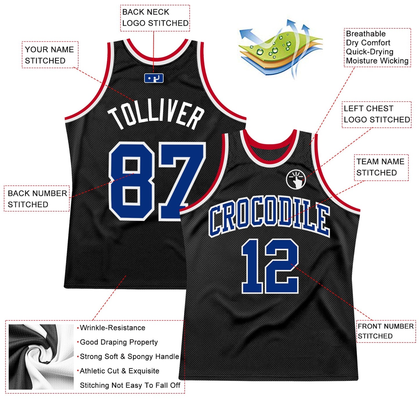 Custom Black Royal-White Authentic Throwback Basketball Jersey view 2