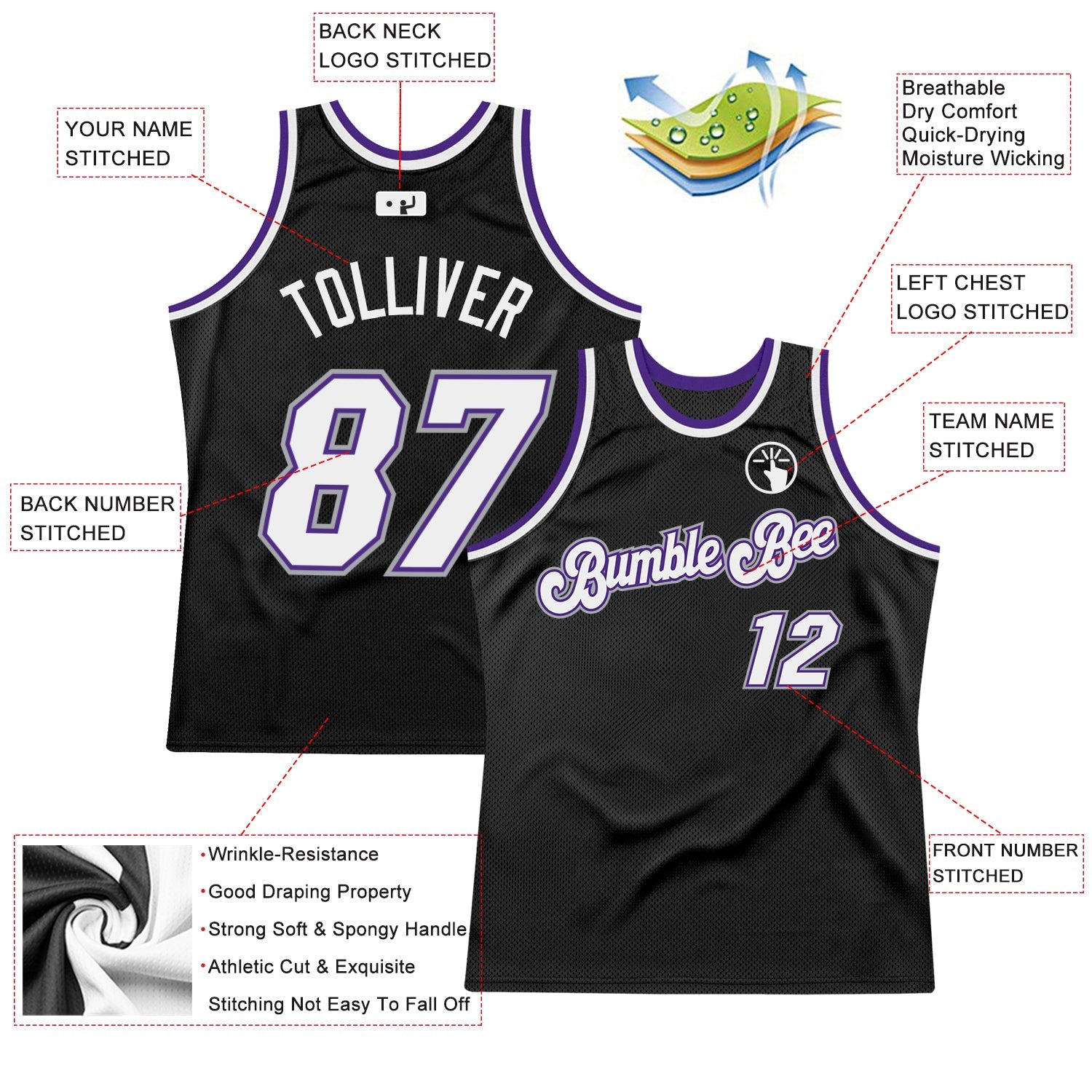Custom Black White-Purple Authentic Throwback Basketball Jersey view 2