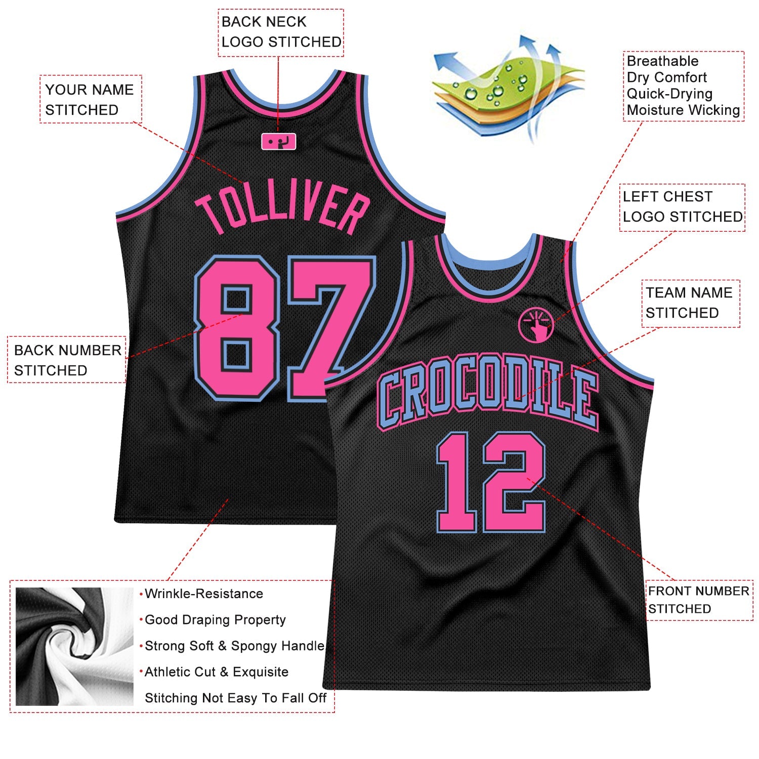 Custom Black Light Blue-Pink Authentic Throwback Basketball Jersey view 2