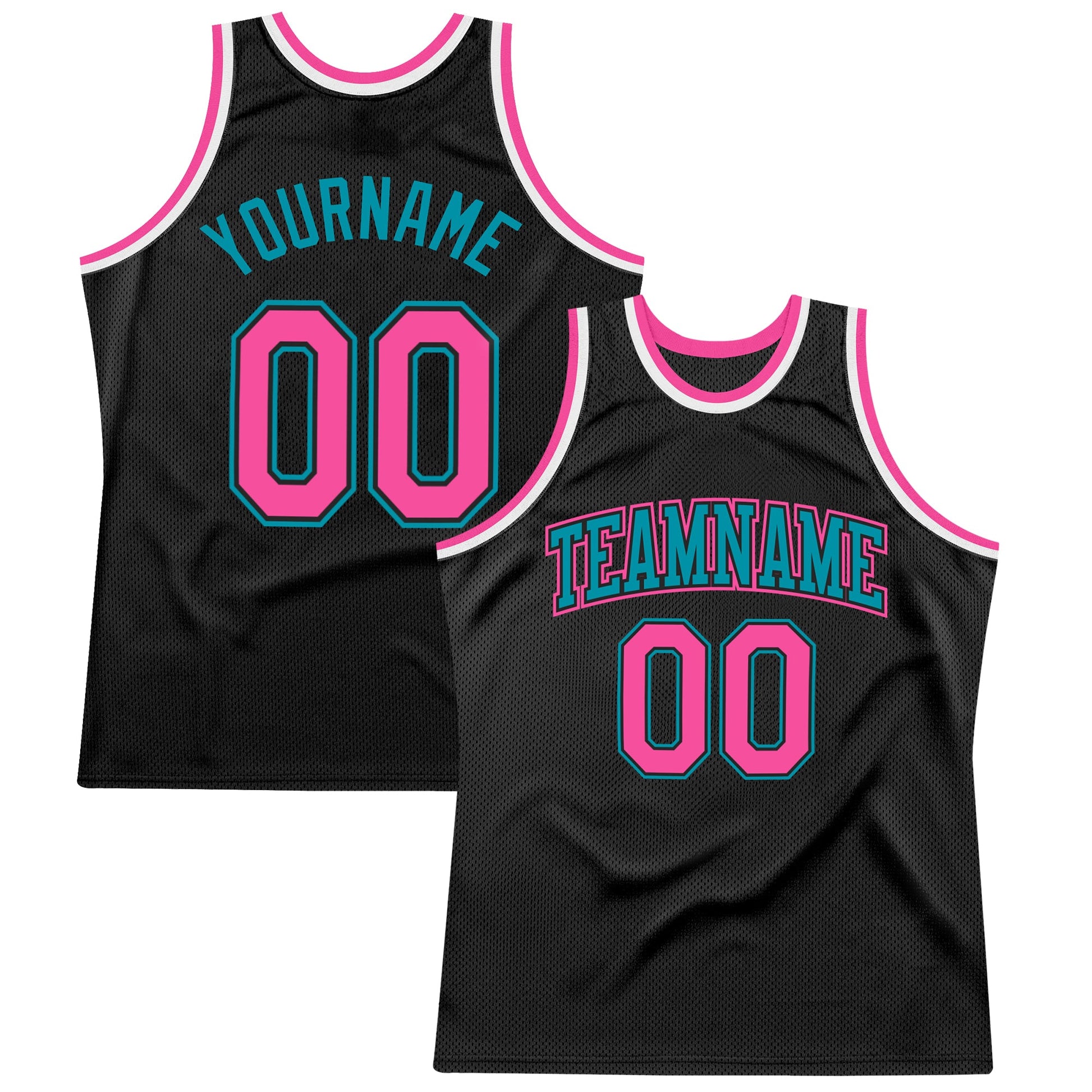 Custom Black Pink-Teal Authentic Throwback Basketball Jersey - Main View
