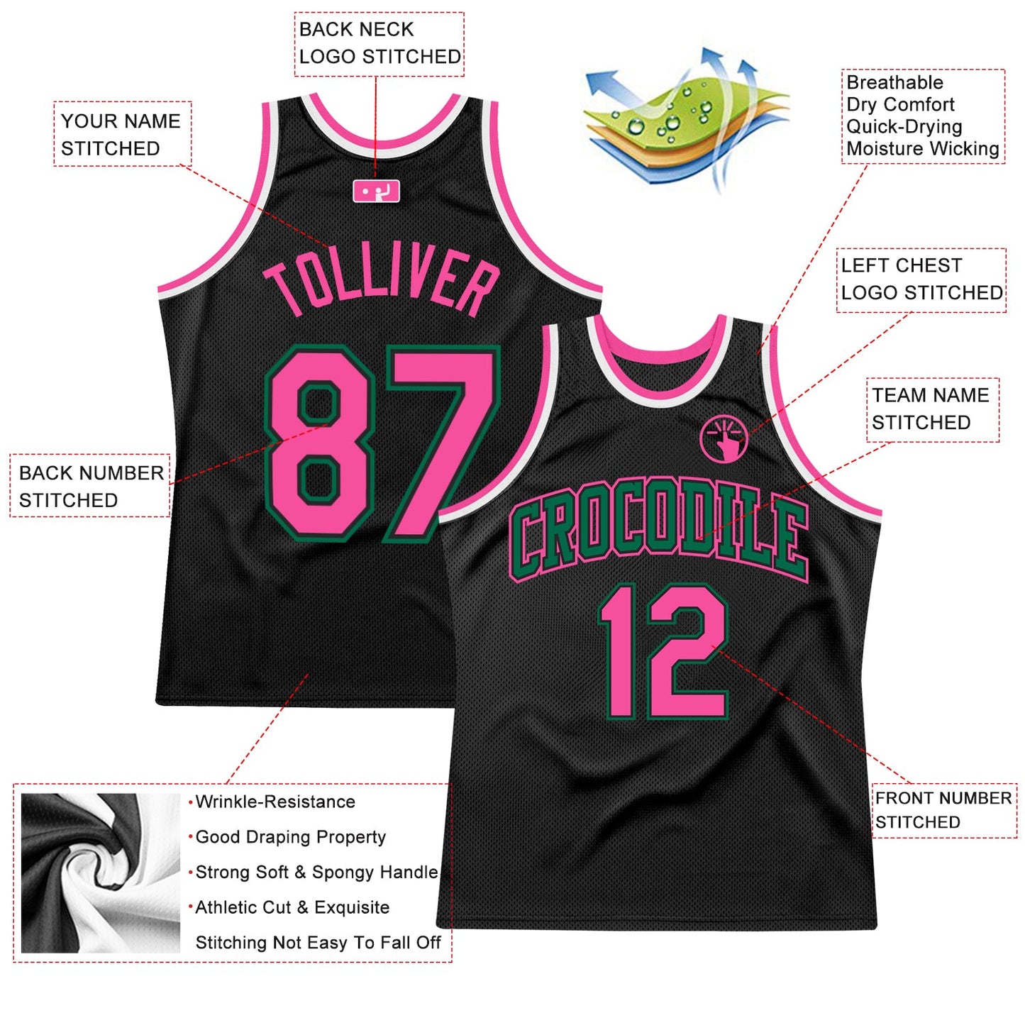 Custom Black Pink-Kelly Green Authentic Throwback Basketball Jersey view 2