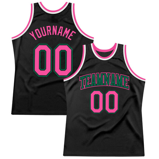 Custom Black Pink-Kelly Green Authentic Throwback Basketball Jersey - Main View