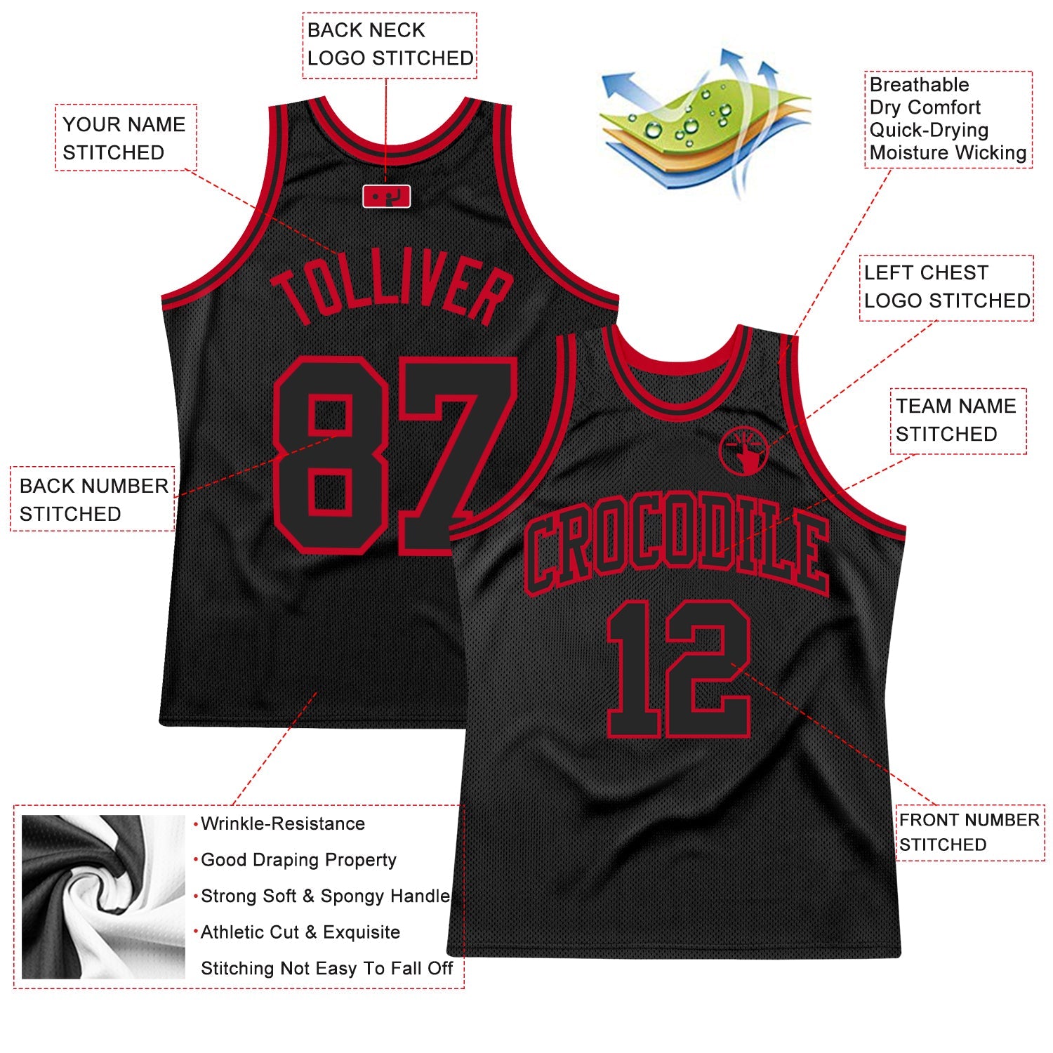 Custom Black Black-Red Authentic Throwback Basketball Jersey view 3