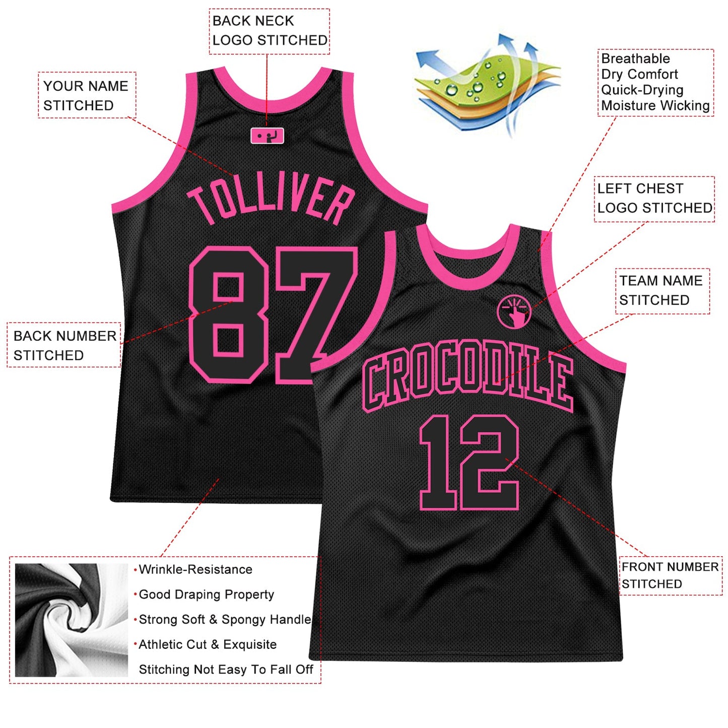 Custom Black Black-Pink Authentic Throwback Basketball Jersey view 2