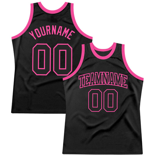 Custom Black Black-Pink Authentic Throwback Basketball Jersey - Main View
