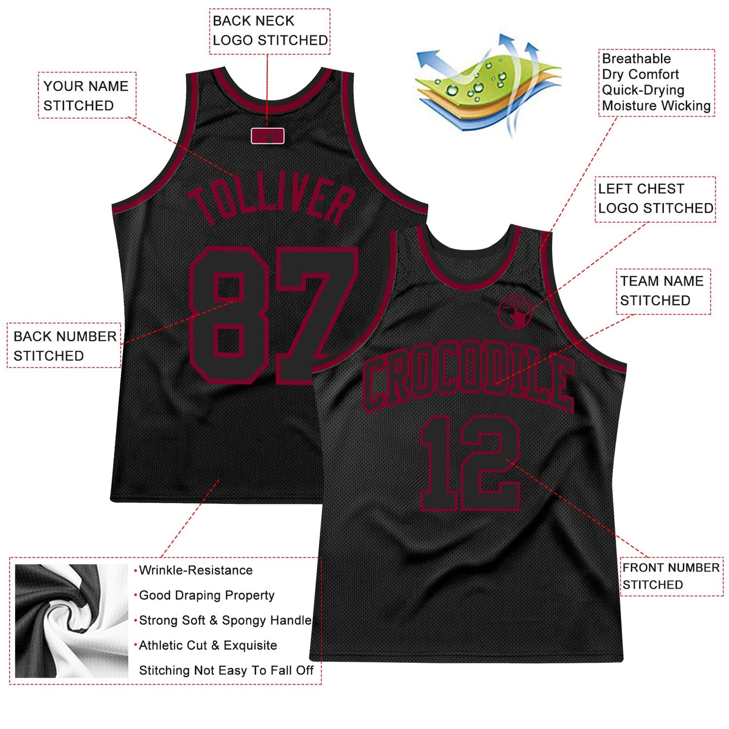 Custom Black Black-Maroon Authentic Throwback Basketball Jersey view 2