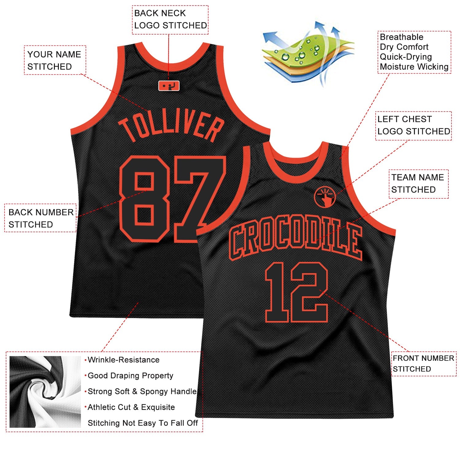 Custom Black Black-Orange Authentic Throwback Basketball Jersey view 2