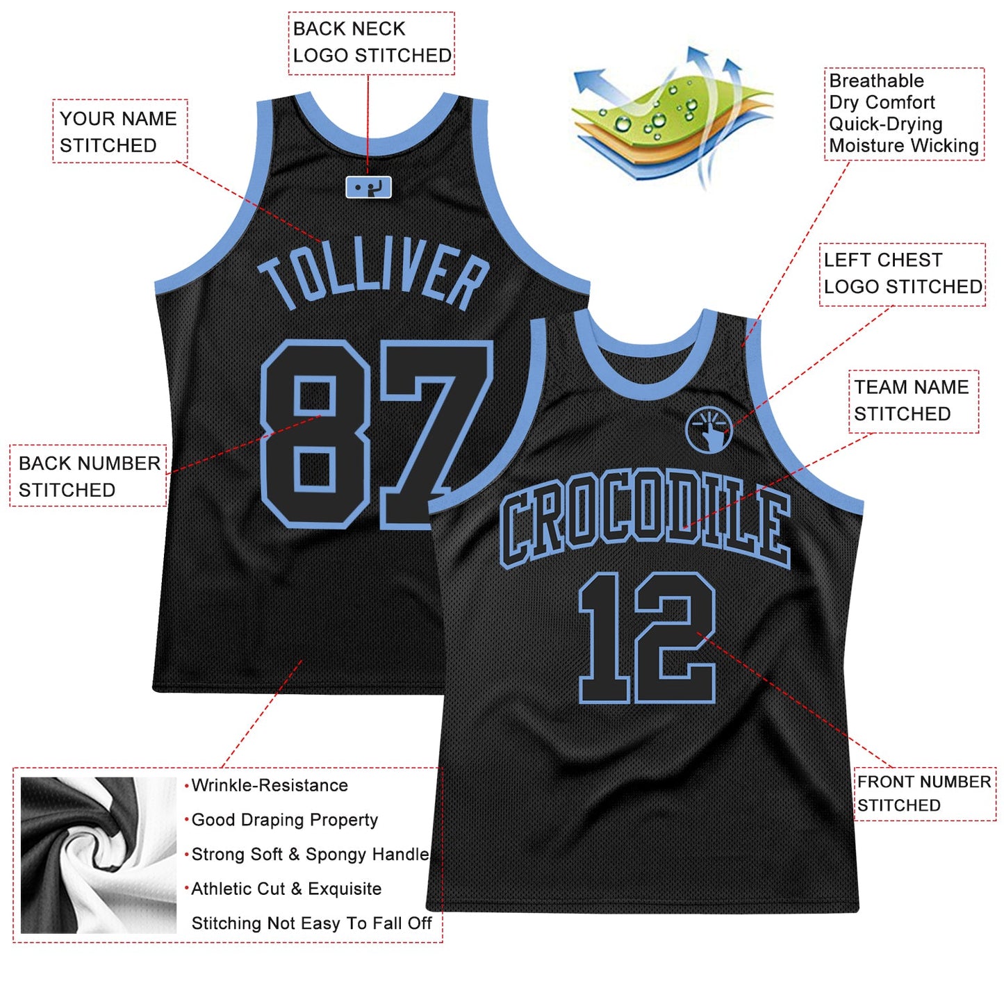 Custom Black Black-Light Blue Authentic Throwback Basketball Jersey view 2