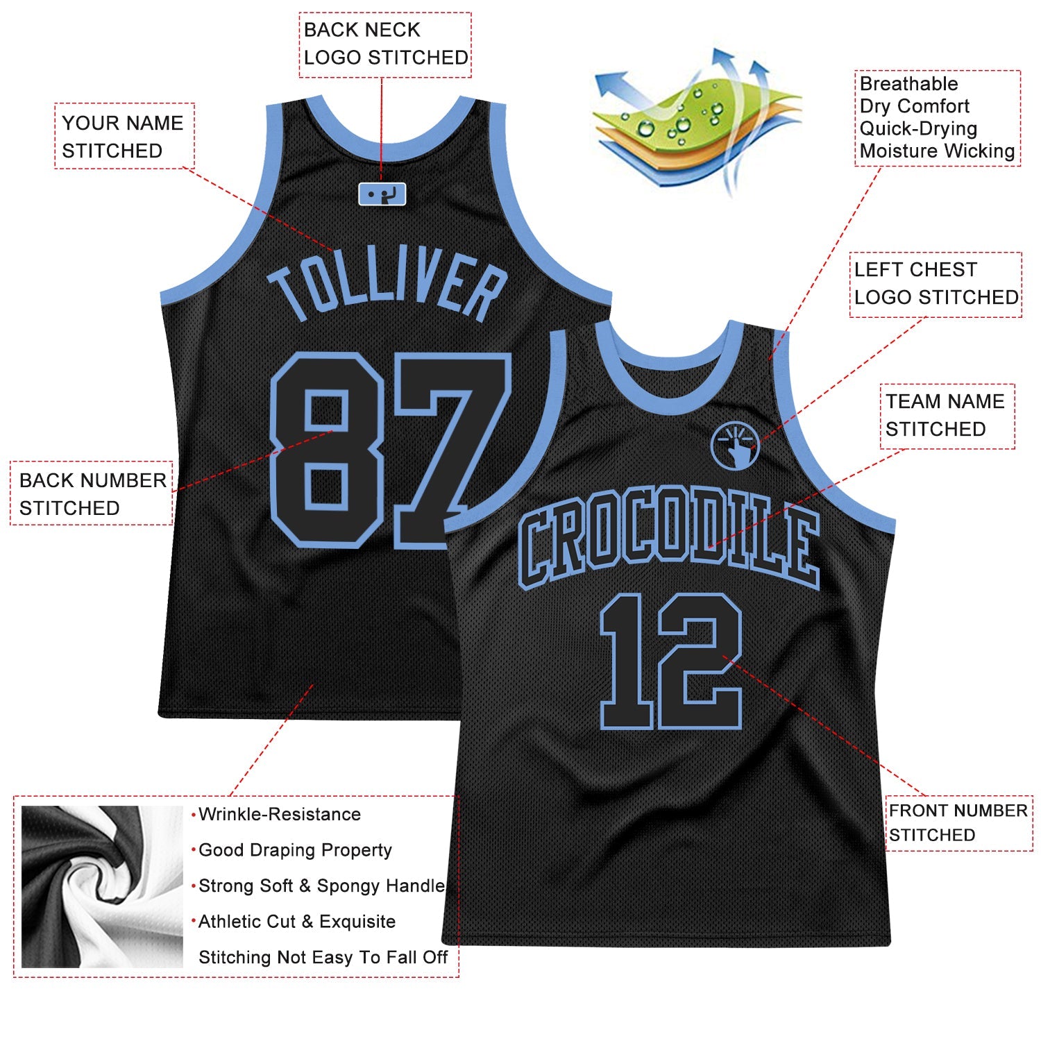 Custom Black Black-Light Blue Authentic Throwback Basketball Jersey view 2