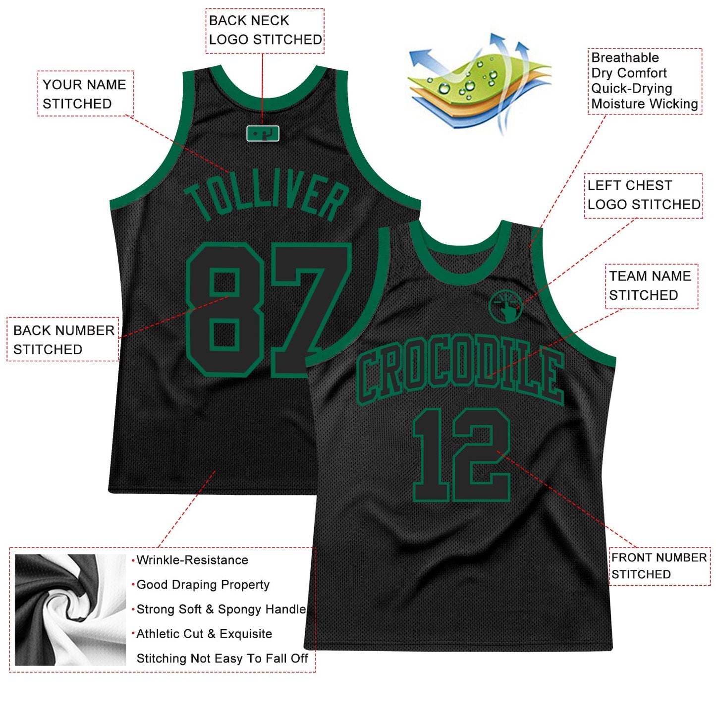 Custom Black Black-Kelly Green Authentic Throwback Basketball Jersey view 2
