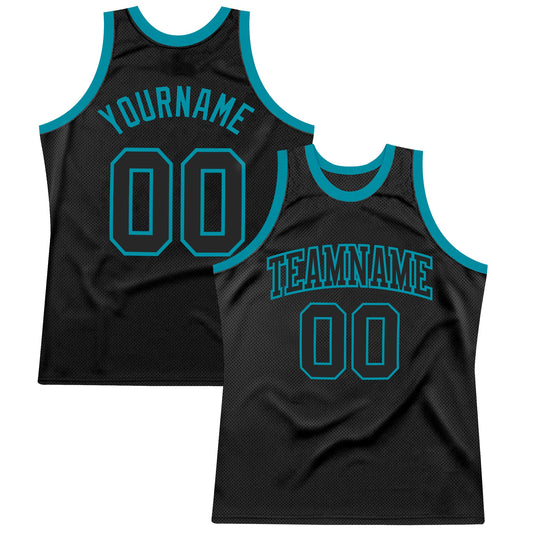 Custom Black Black-Teal Authentic Throwback Basketball Jersey - Main View