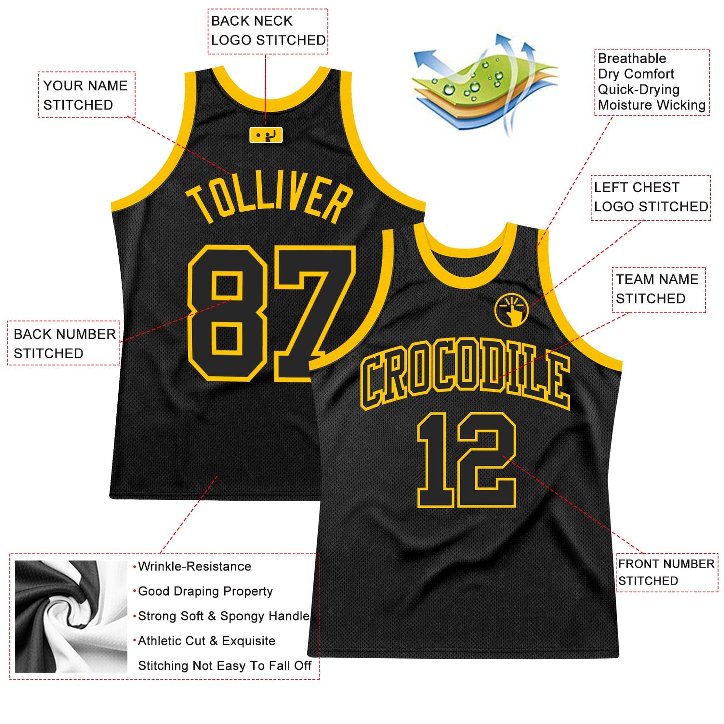 Custom Black Black-Gold Authentic Throwback Basketball Jersey view 2