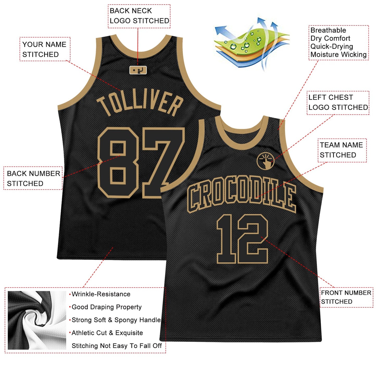 Custom Black Black-Old Gold Authentic Throwback Basketball Jersey view 2