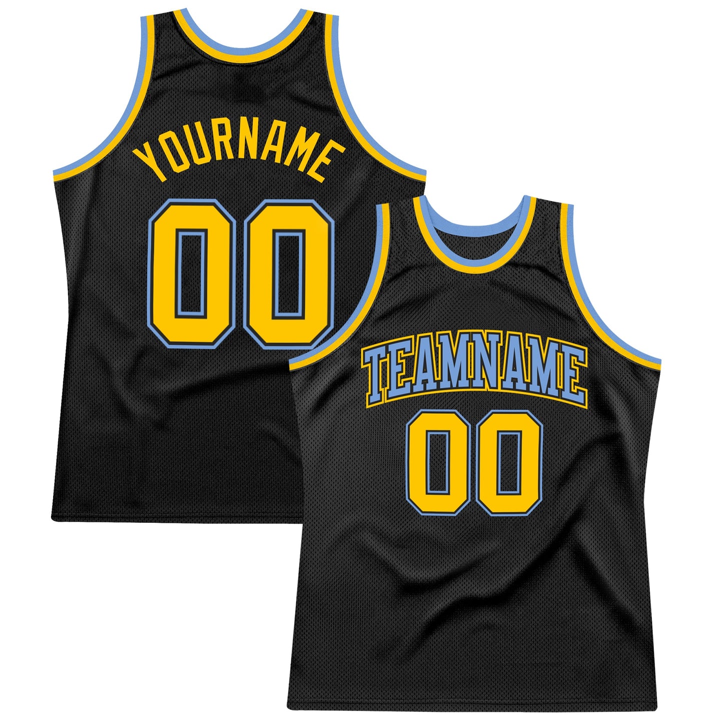 Custom Black Gold-Light Blue Authentic Throwback Basketball Jersey - Main View