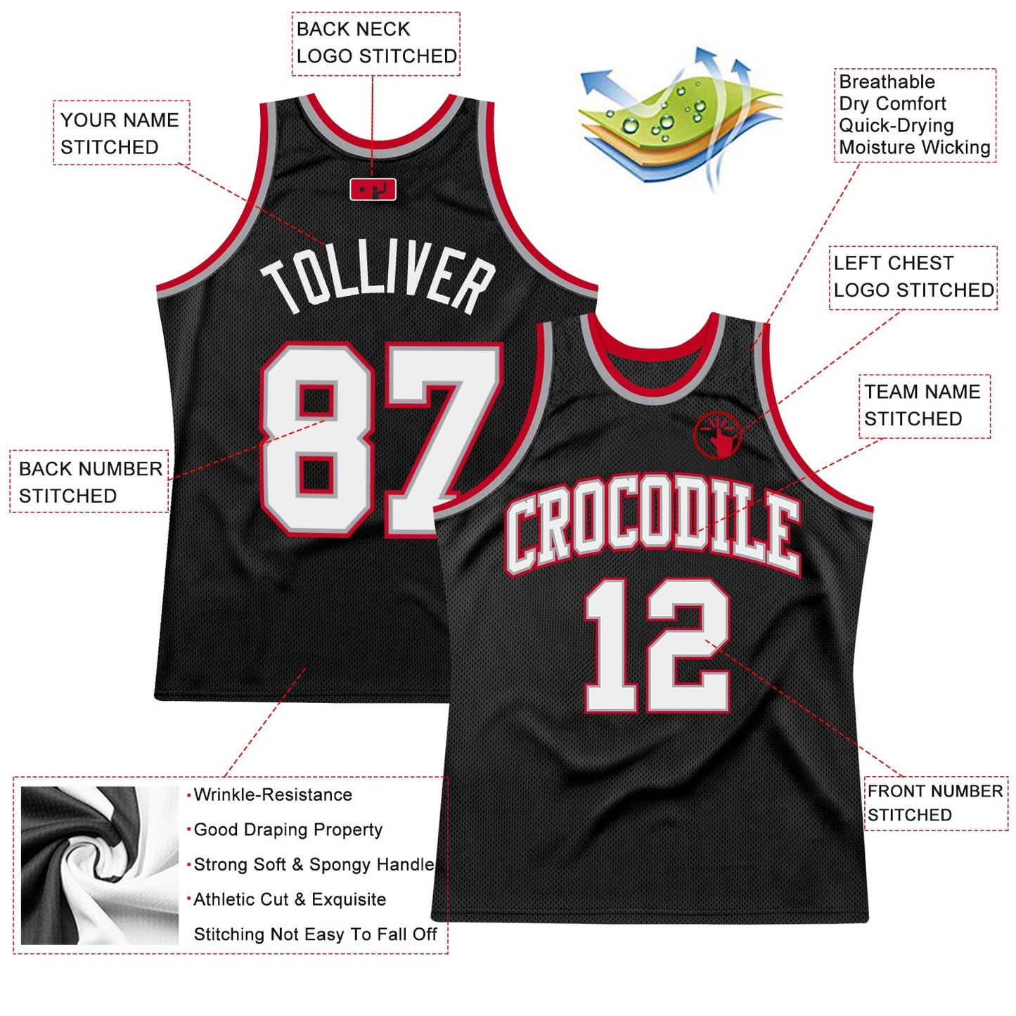Custom Black White-Red Authentic Throwback Basketball Jersey view 2
