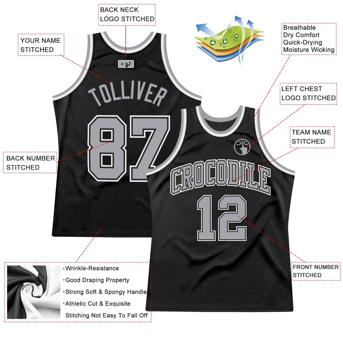 Custom Black Gray-White Authentic Throwback Basketball Jersey view 2