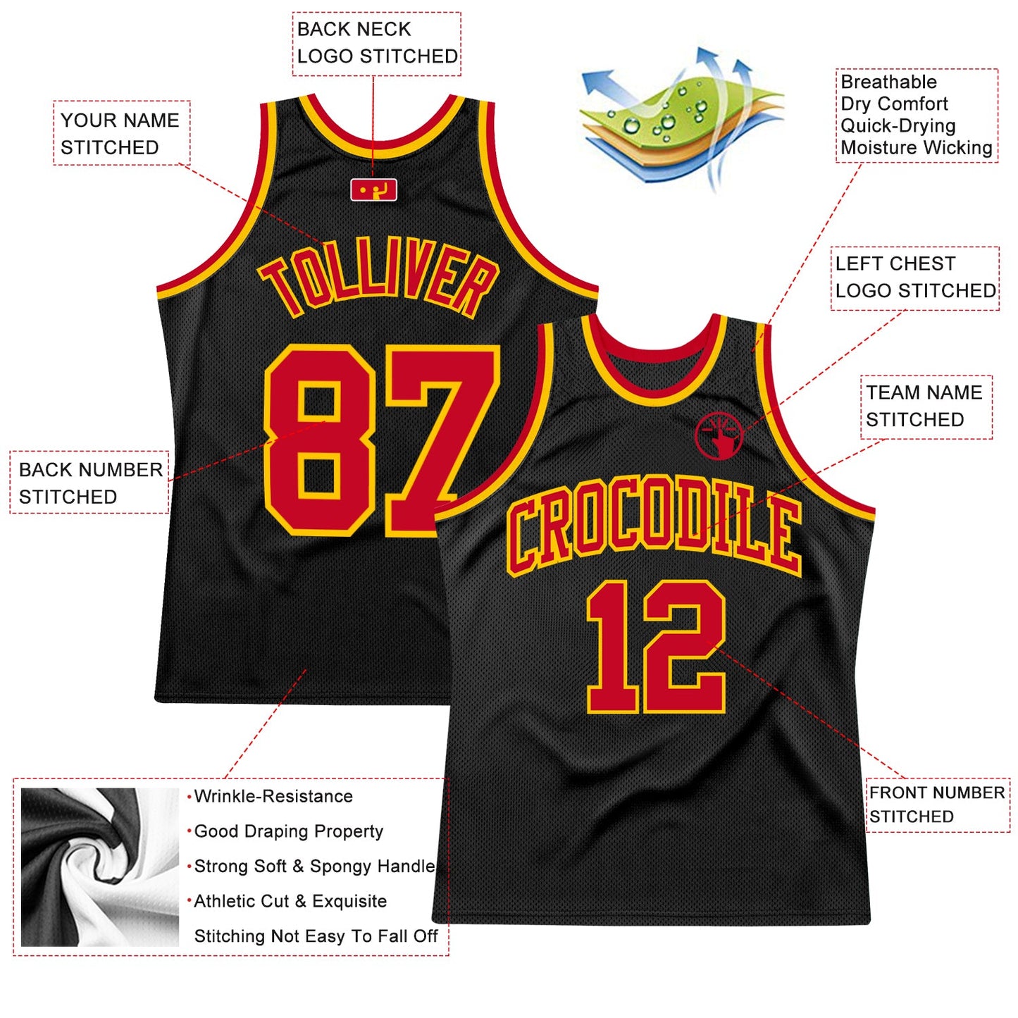 Custom Black Red-Gold Authentic Throwback Basketball Jersey view 2