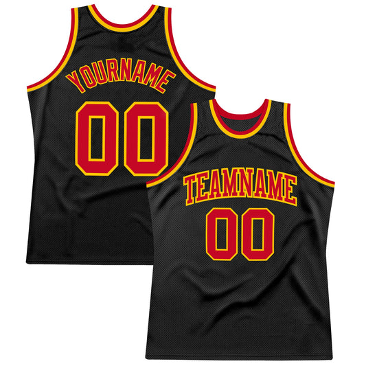 Custom Black Red-Gold Authentic Throwback Basketball Jersey - Main View