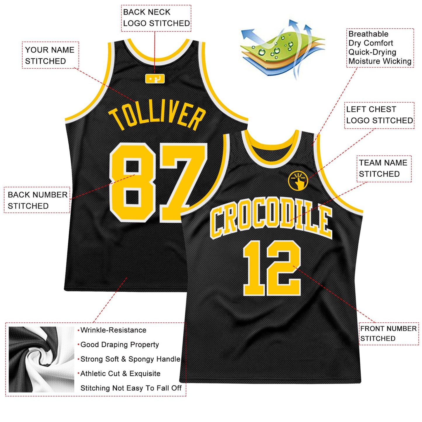 Custom Black Gold-White Authentic Throwback Basketball Jersey view 3