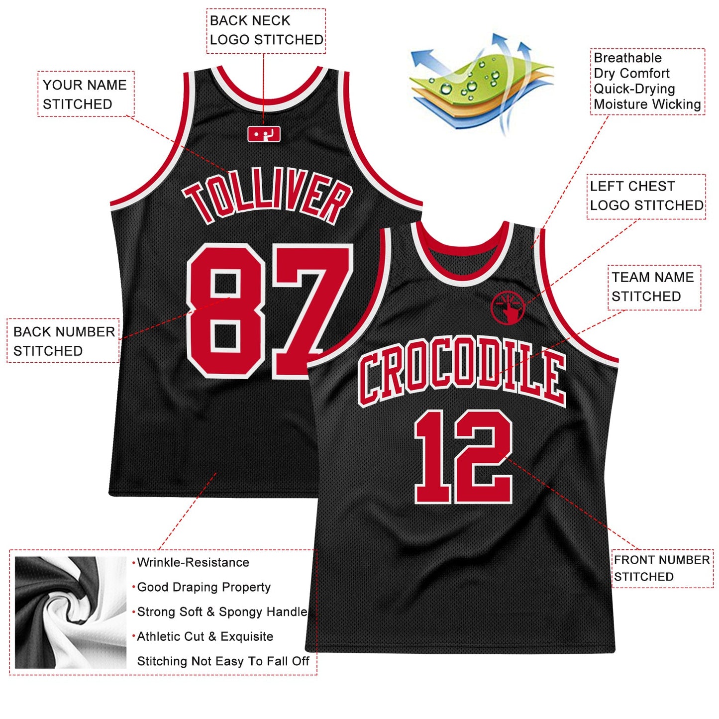 Custom Black Red-White Authentic Throwback Basketball Jersey view 2