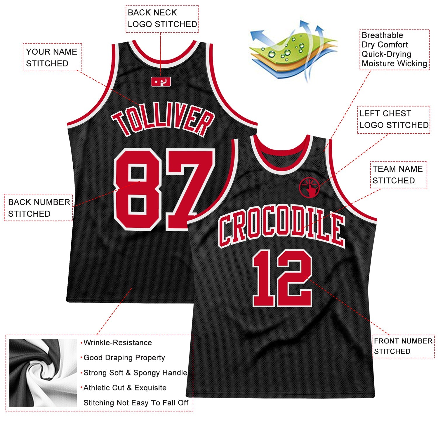 Custom Black Red-White Authentic Throwback Basketball Jersey view 2