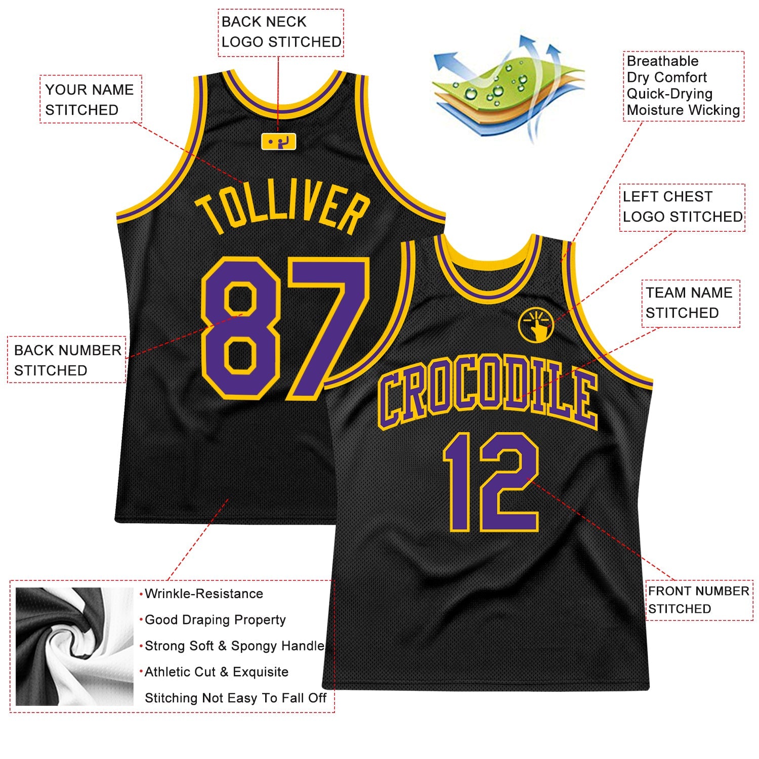Custom Black Purple-Gold Authentic Throwback Basketball Jersey view 2
